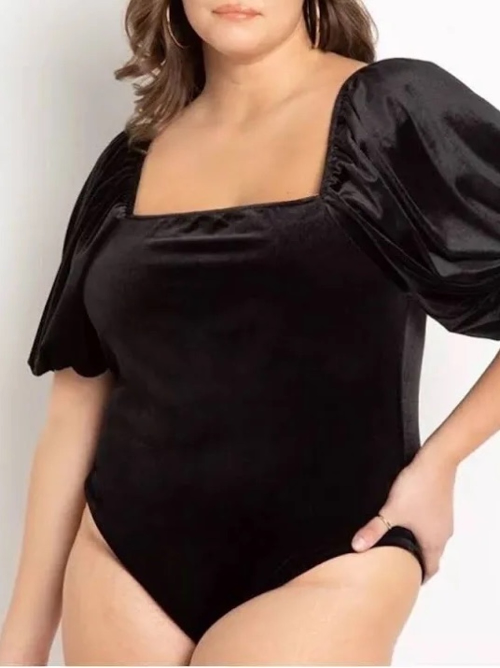 Eloquii Black Velvet Puff-Sleeve Bodysuit
